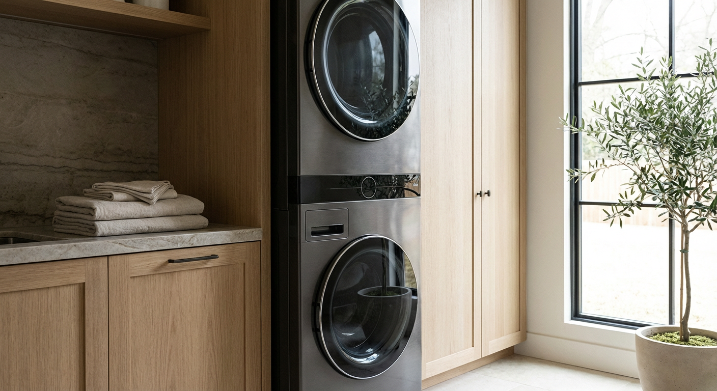 Modern stacked washing machine and dryer unit